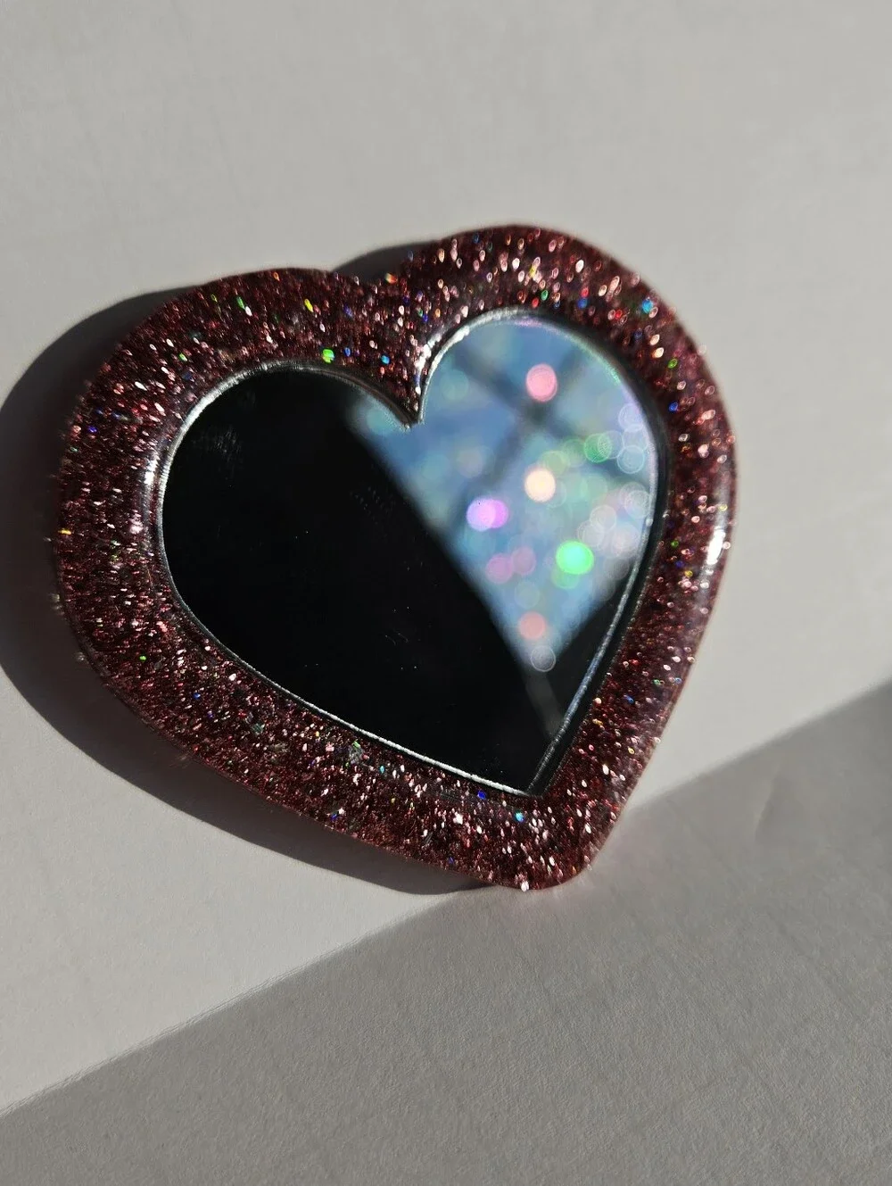 Handmade Pink Glitter Heart Resin Pocket Mirror Cute Girly Accessories